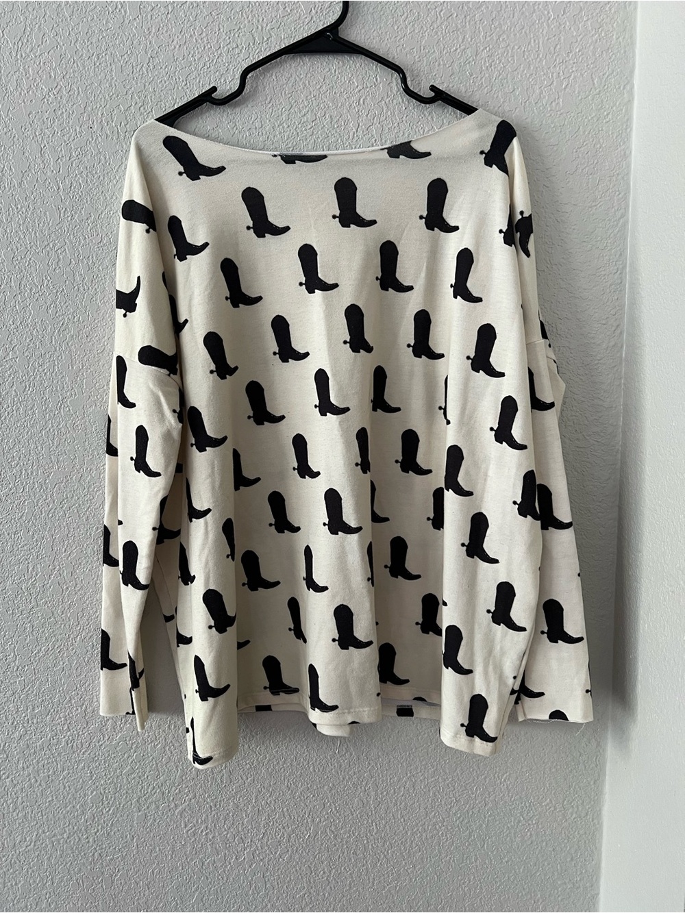 Ivory Long-Sleeve Top with Black Western Boot Print